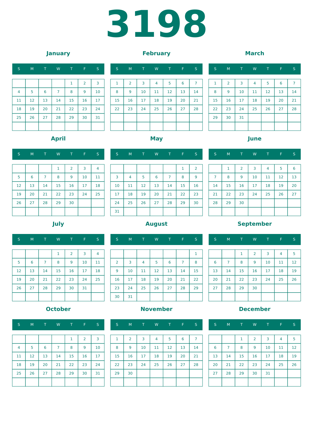 Printable 3198 Year Calendars pastel