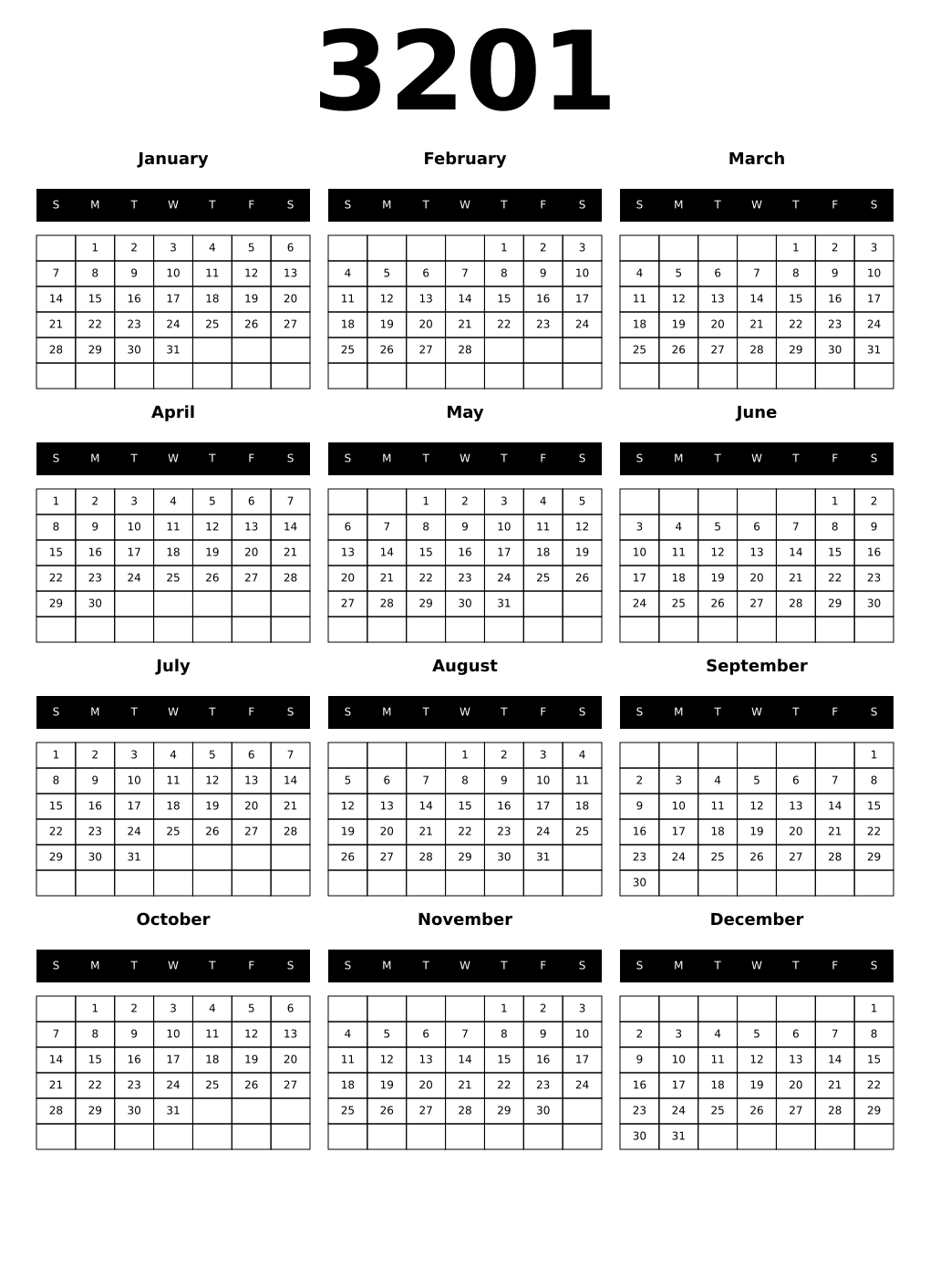 Printable 3201 Year Calendars black