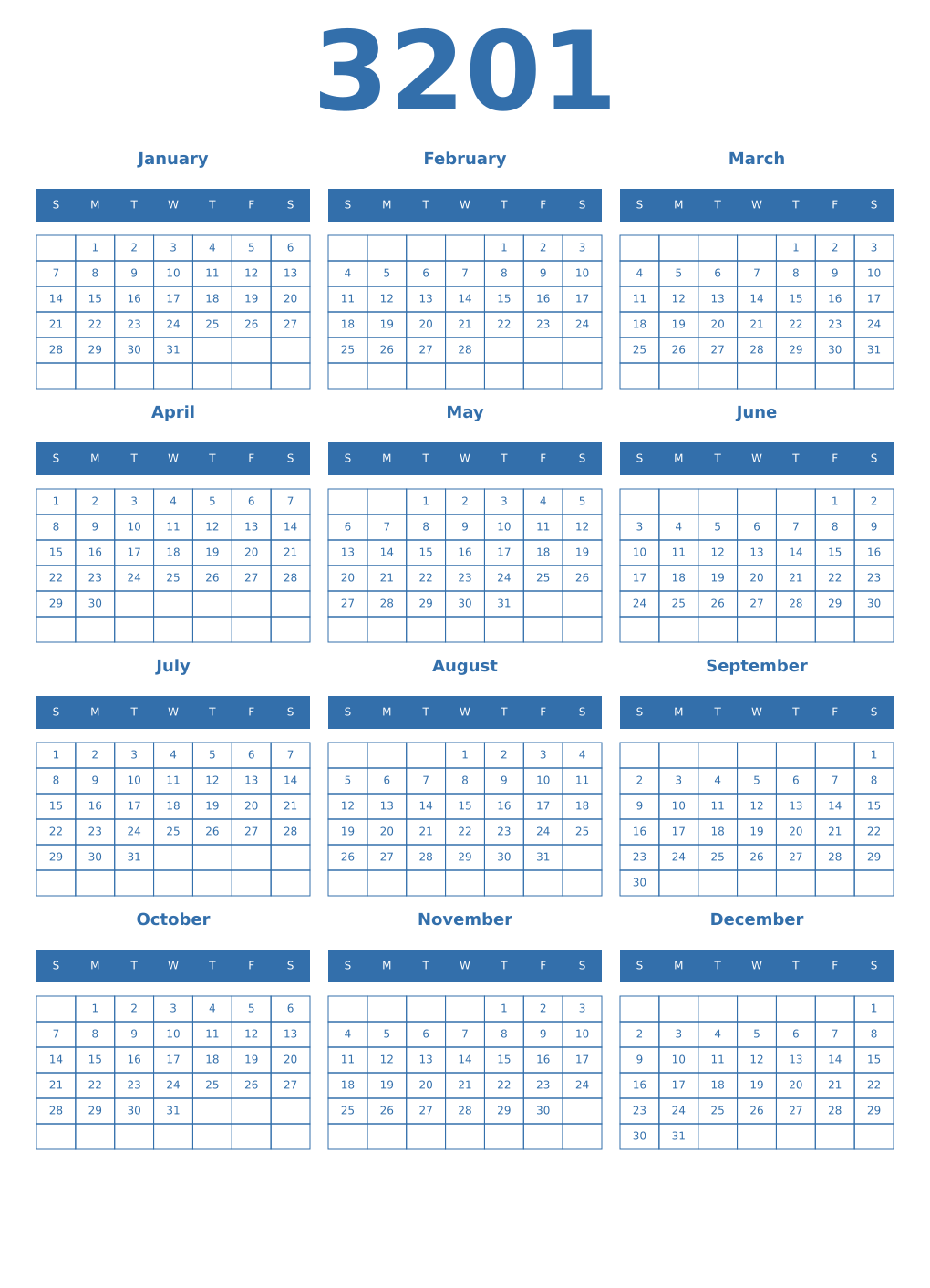 Printable 3201 Year Calendars blue