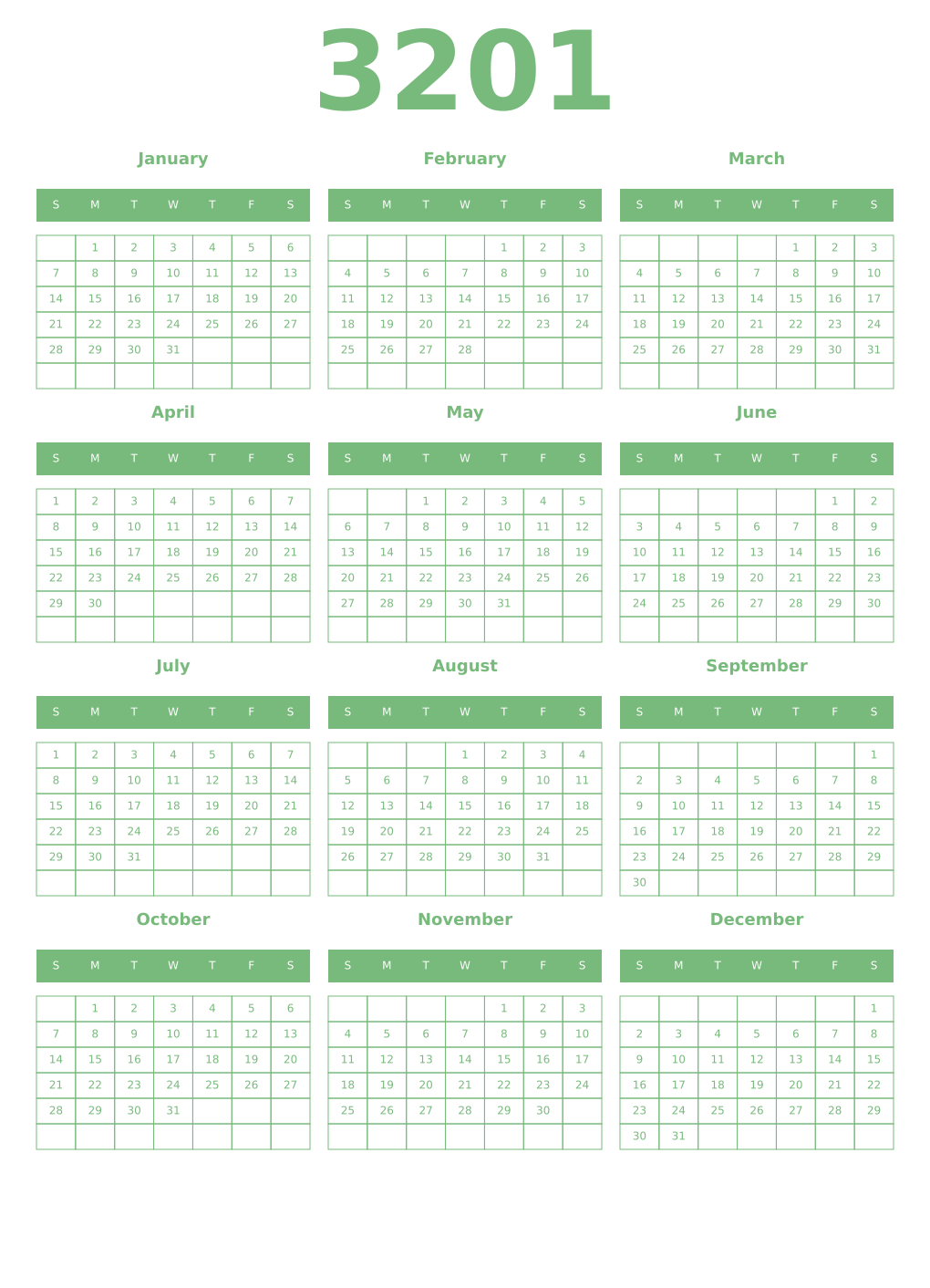 Printable 3201 Year Calendars celadon