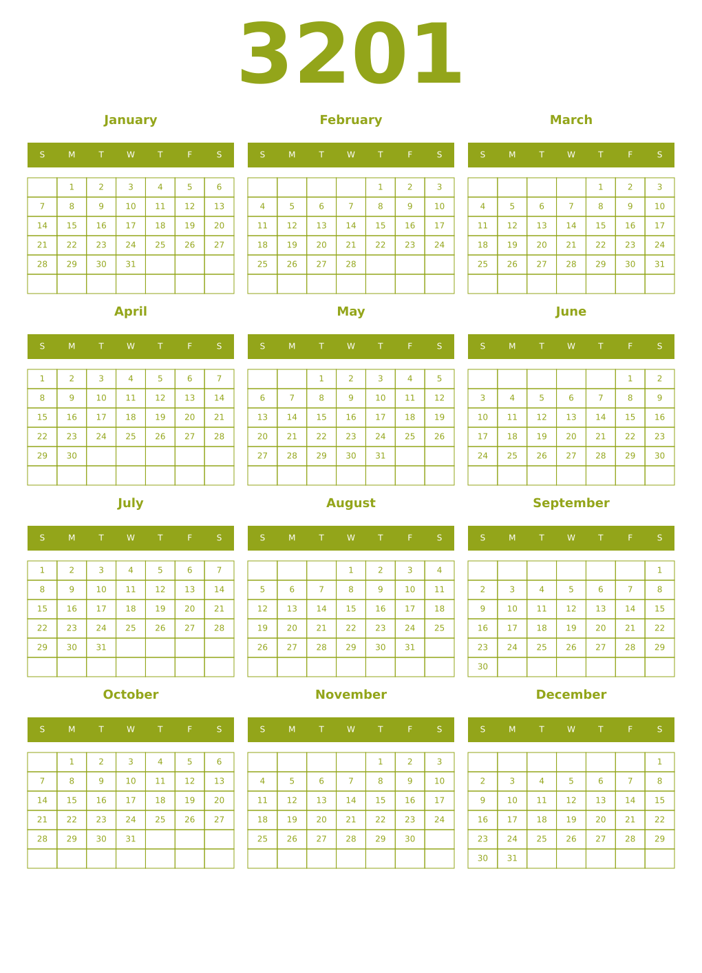 Printable 3201 Year Calendars chartreuse