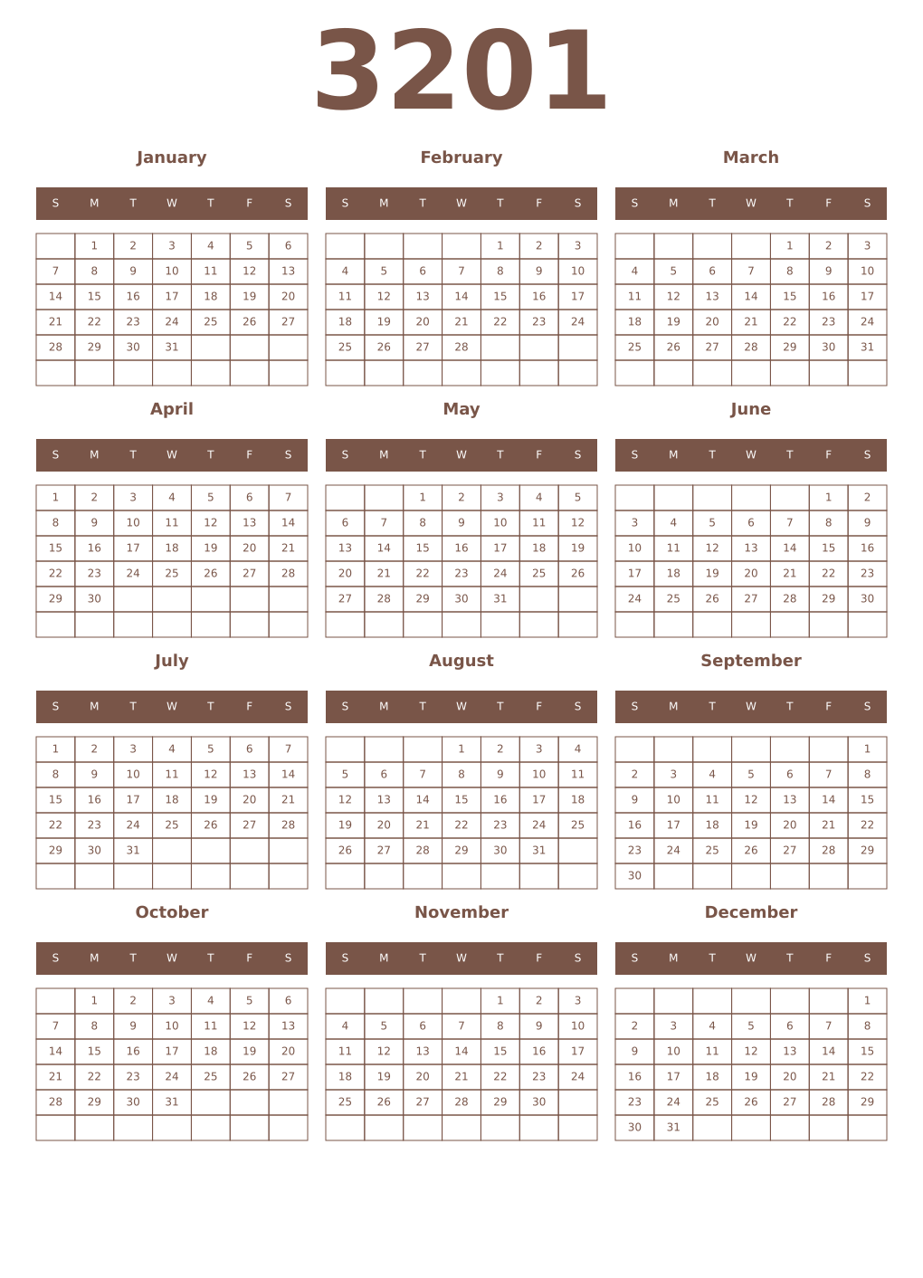 Printable 3201 Year Calendars coffe