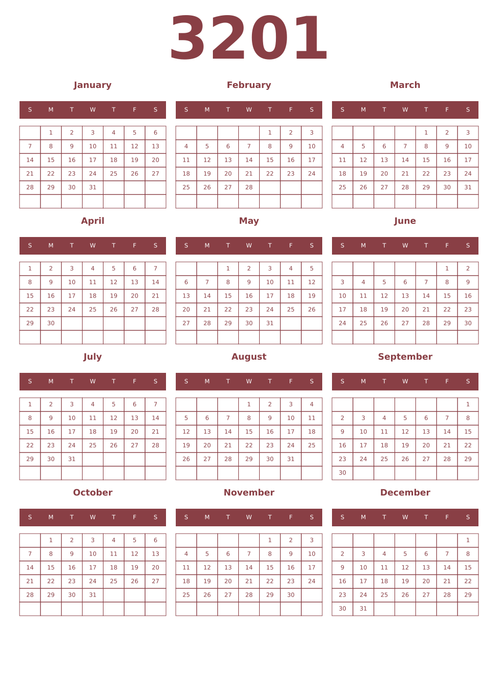Printable 3201 Year Calendars cordovan