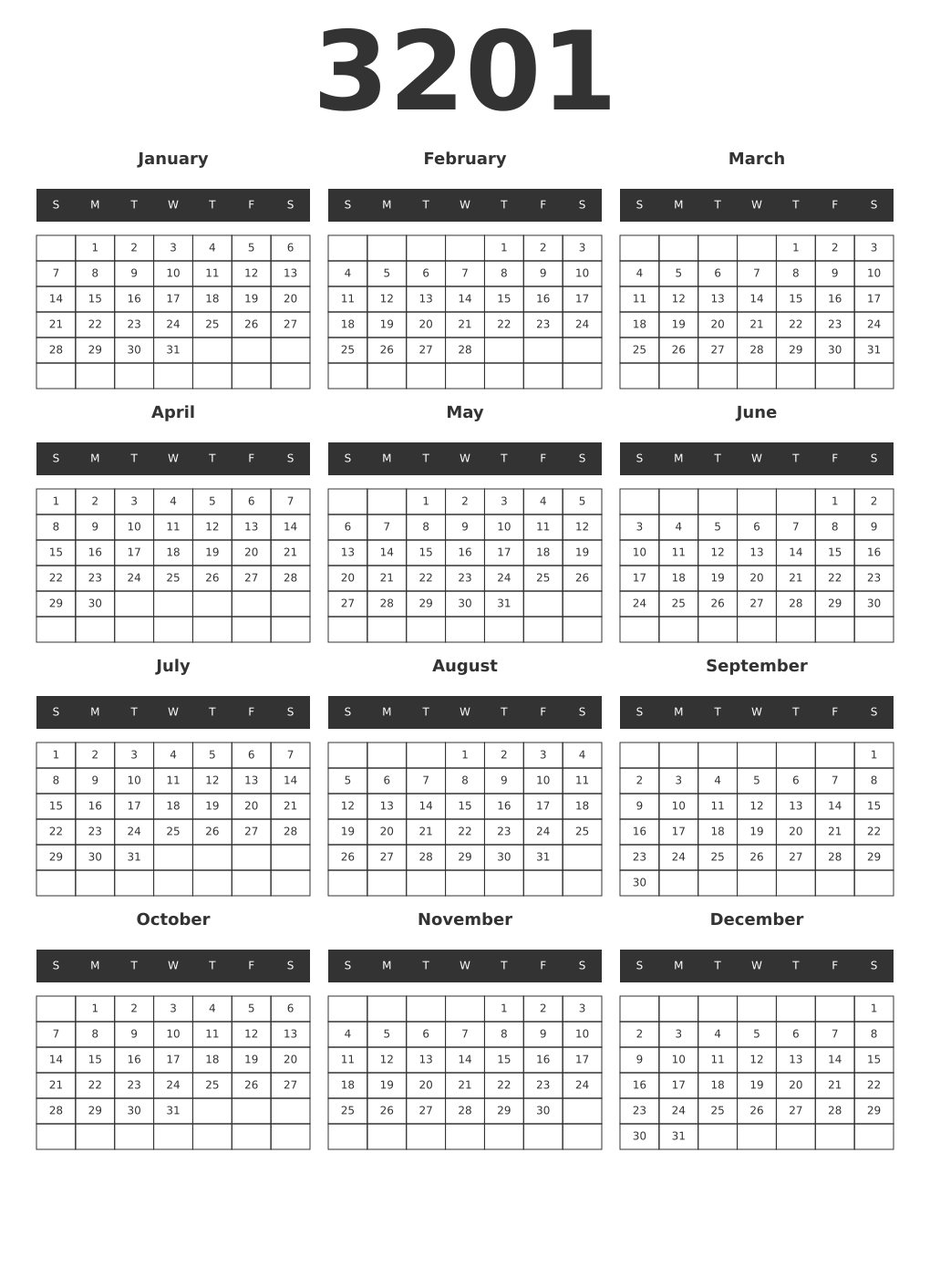 Printable 3201 Year Calendars dark