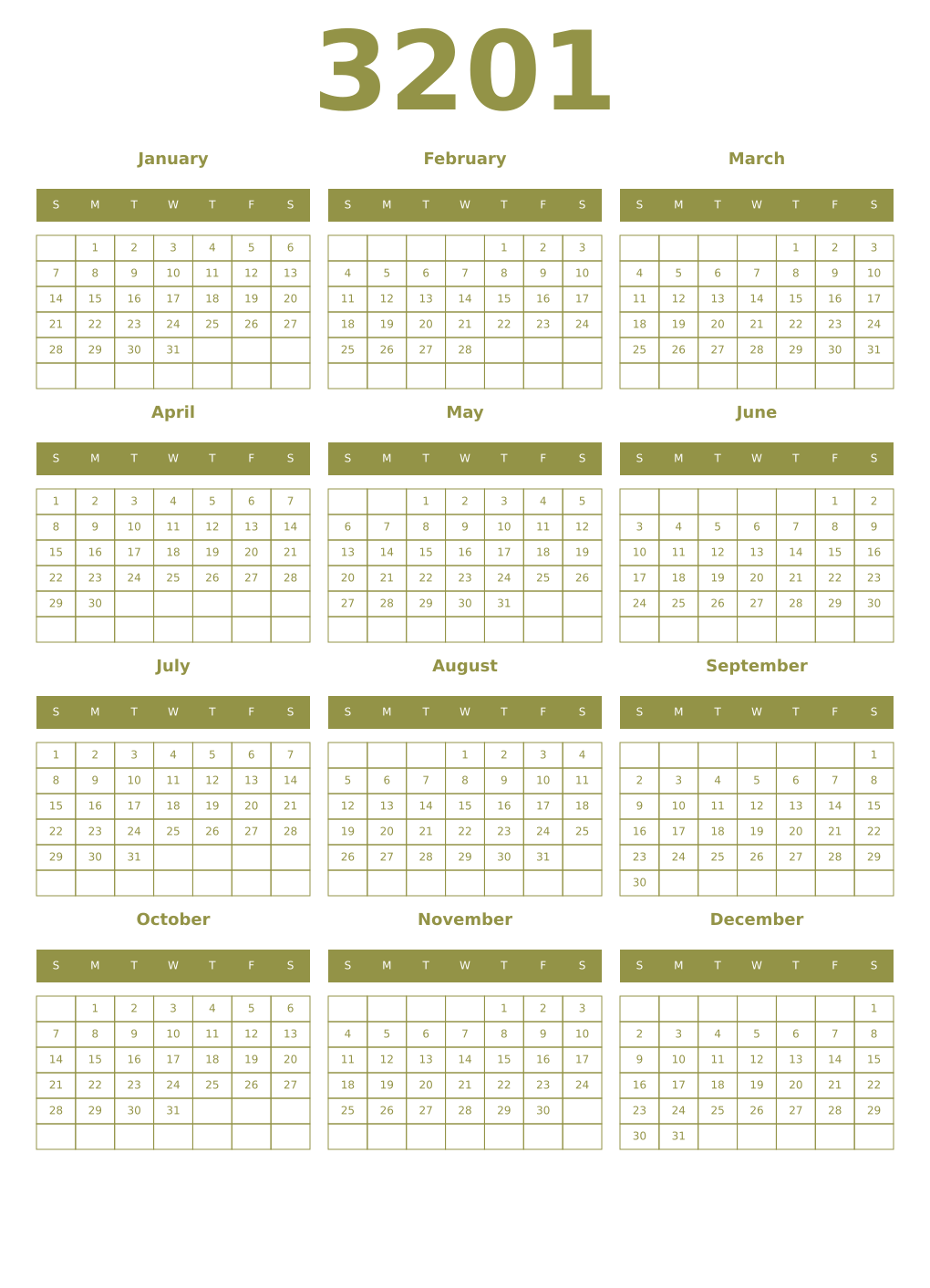 Printable 3201 Year Calendars eburnean