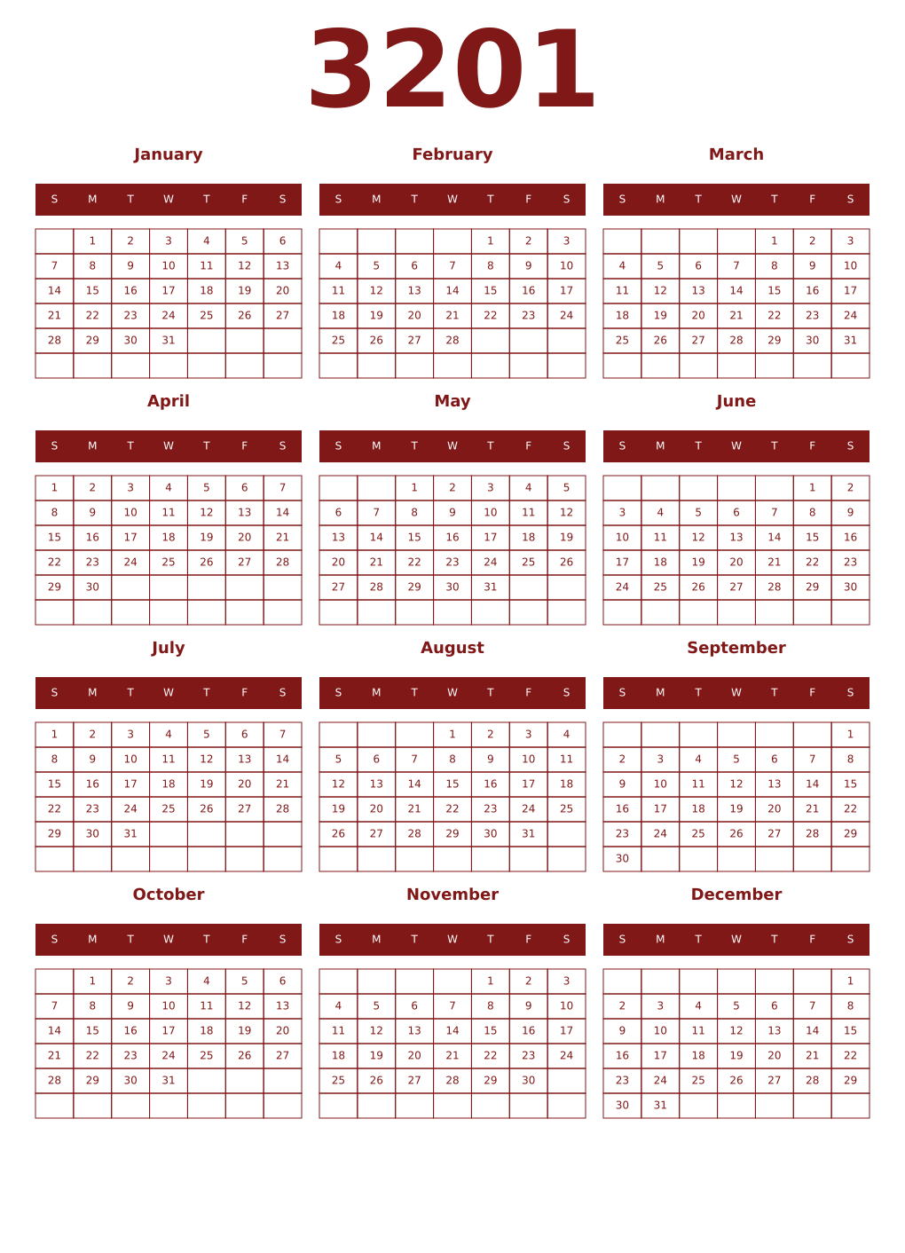 Printable 3201 Year Calendars falu