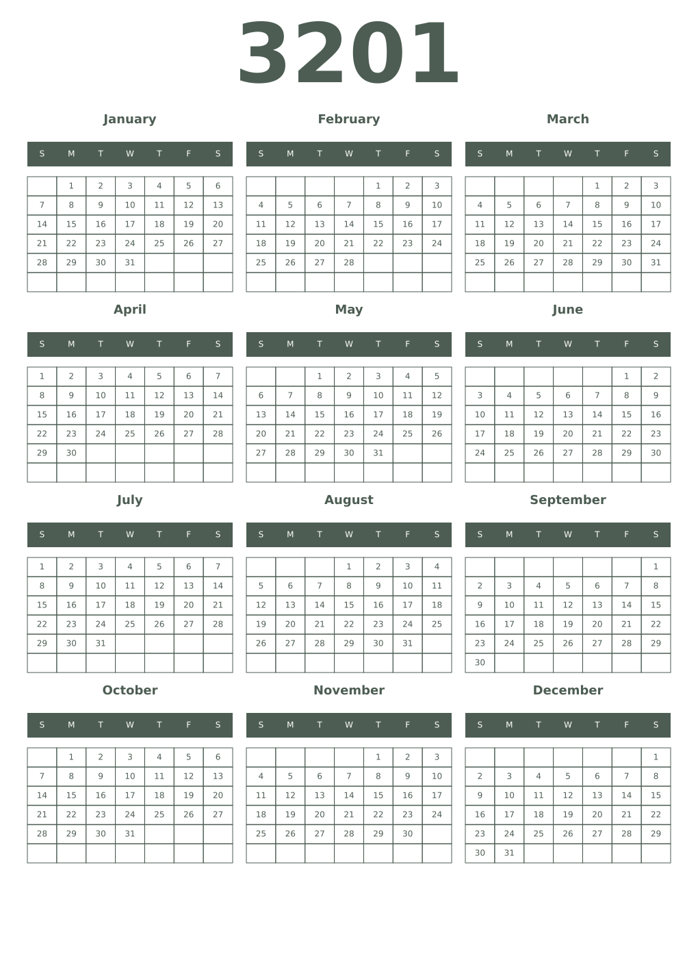 Printable 3201 Year Calendars feldgrau