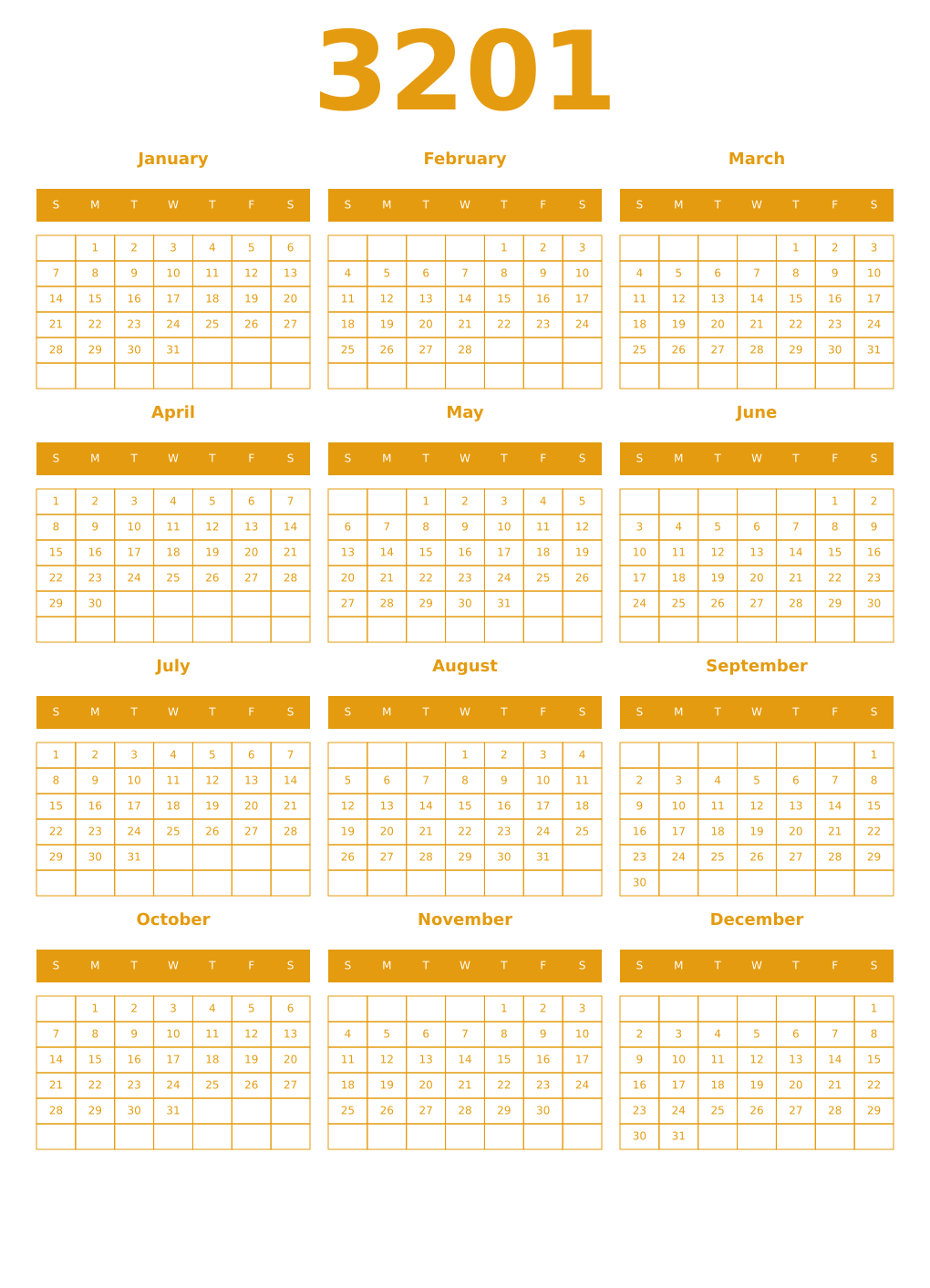 Printable 3201 Year Calendars gamboge