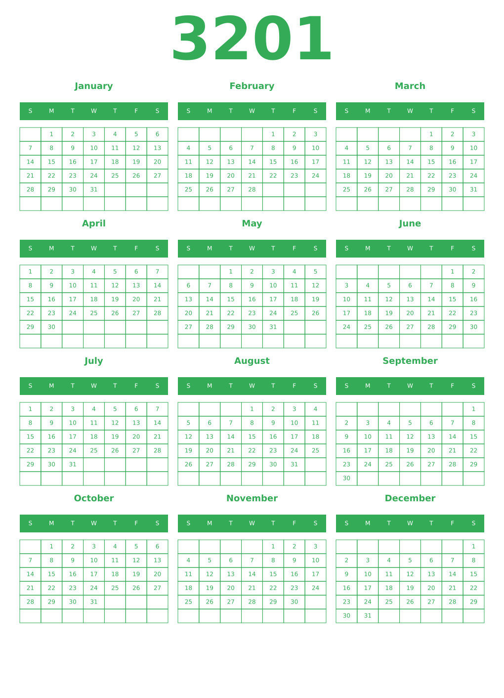 Printable 3201 Year Calendars green