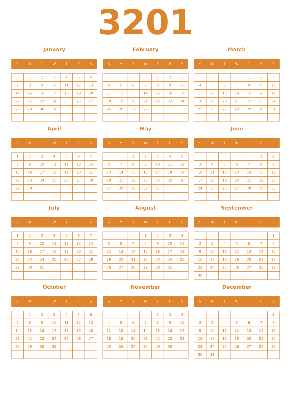 Printable 3201 Year Calendars orange