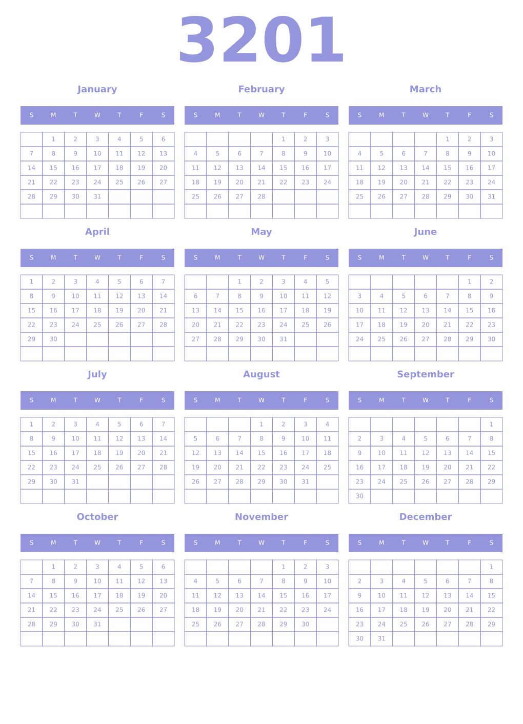 Printable 3201 Year Calendars periwinkle