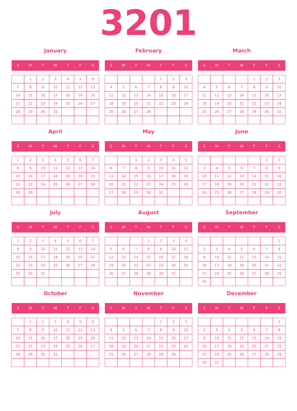 Printable 3201 Year Calendars pink