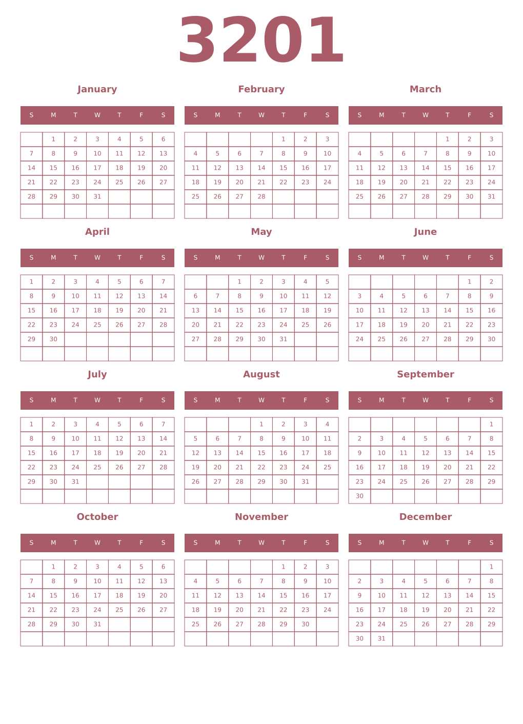 Printable 3201 Year Calendars puce