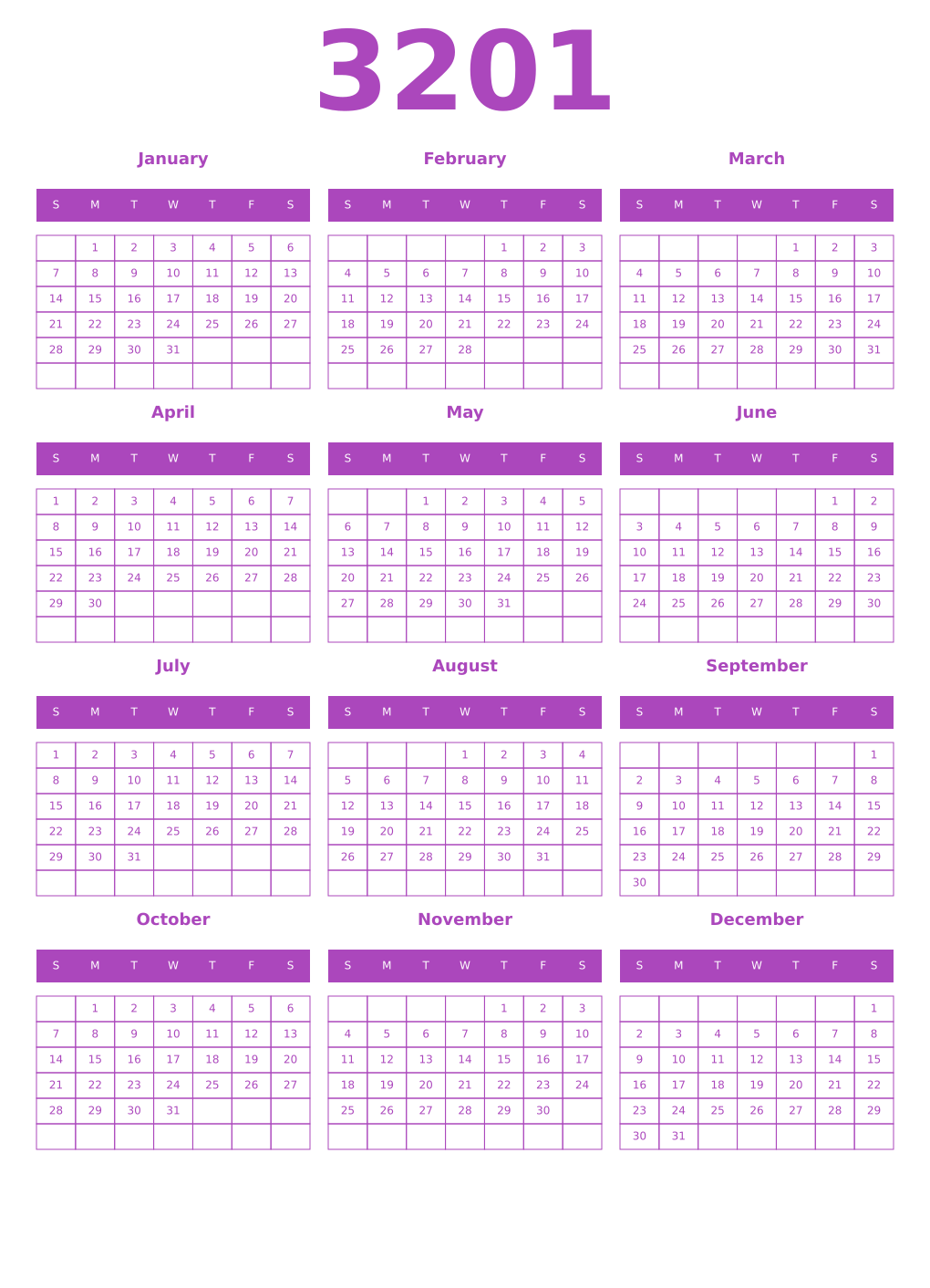 Printable 3201 Year Calendars purple