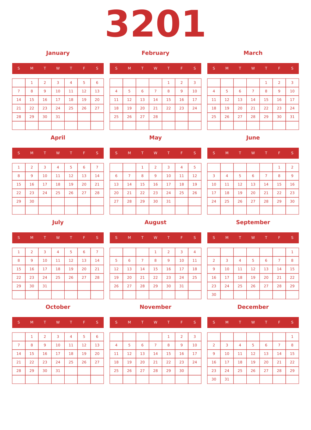 Printable 3201 Year Calendars red