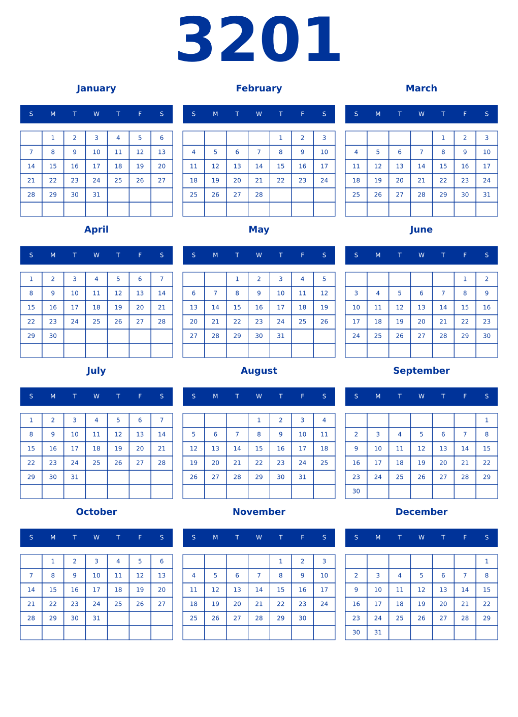 Printable 3201 Year Calendars smalt