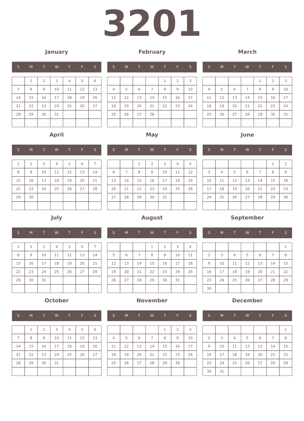 Printable 3201 Year Calendars wenge