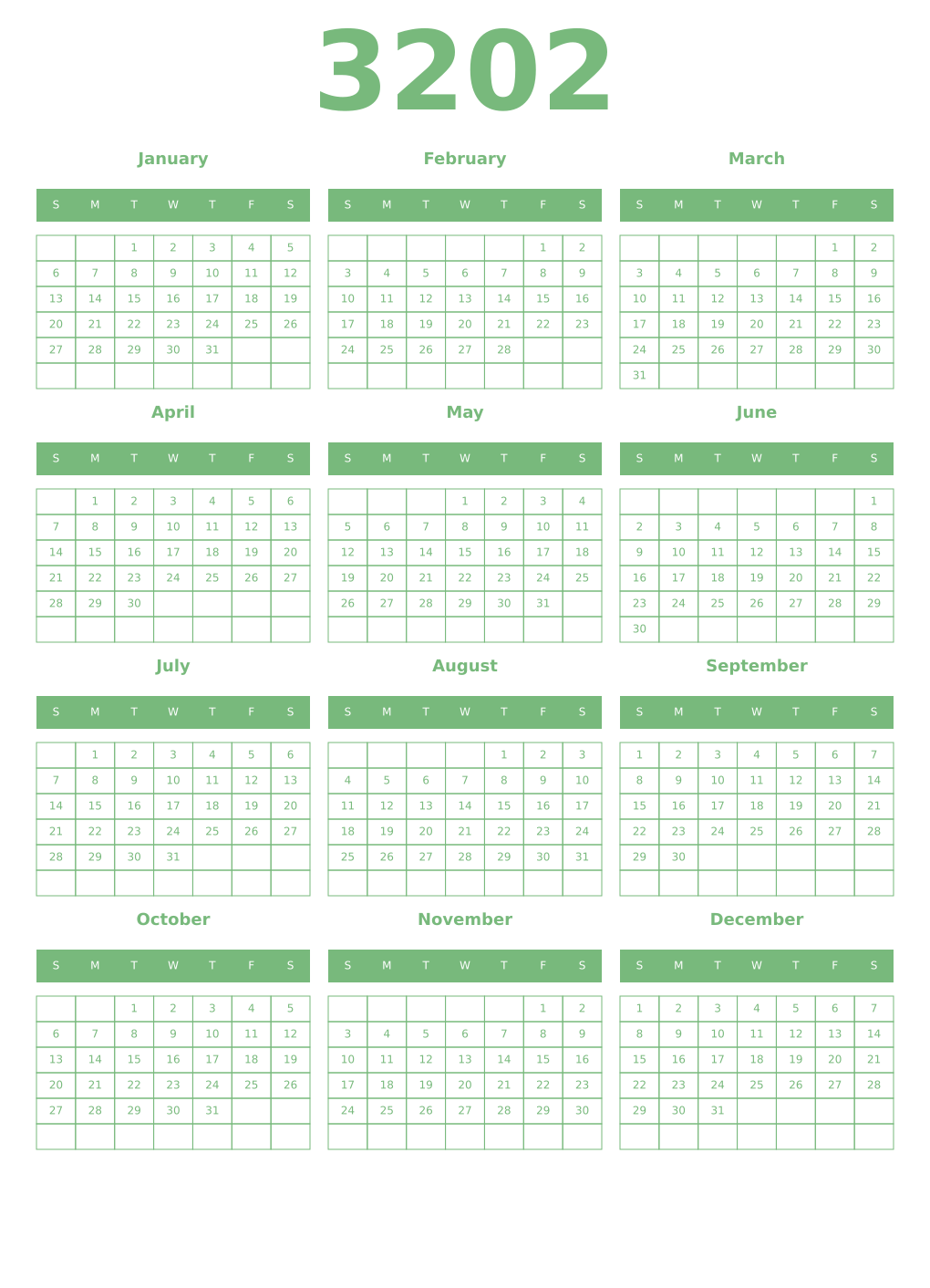 Printable 3202 Year Calendars celadon