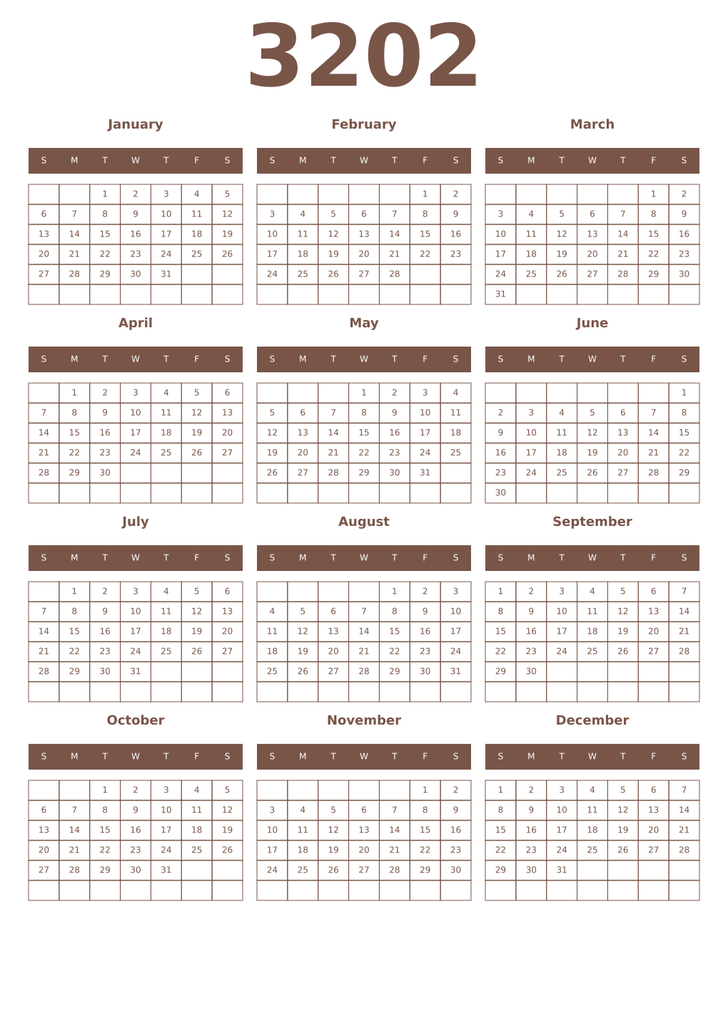 Printable 3202 Year Calendars coffe