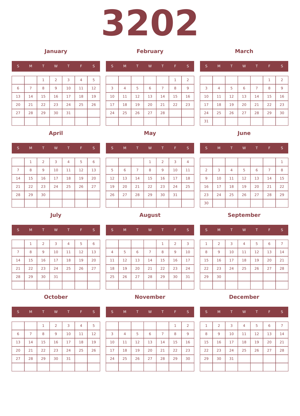Printable 3202 Year Calendars cordovan
