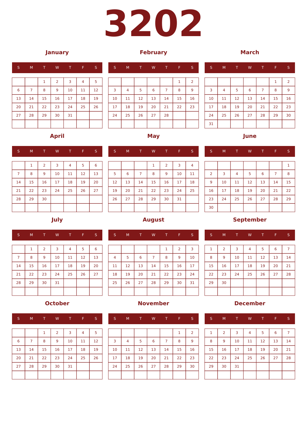 Printable 3202 Year Calendars falu