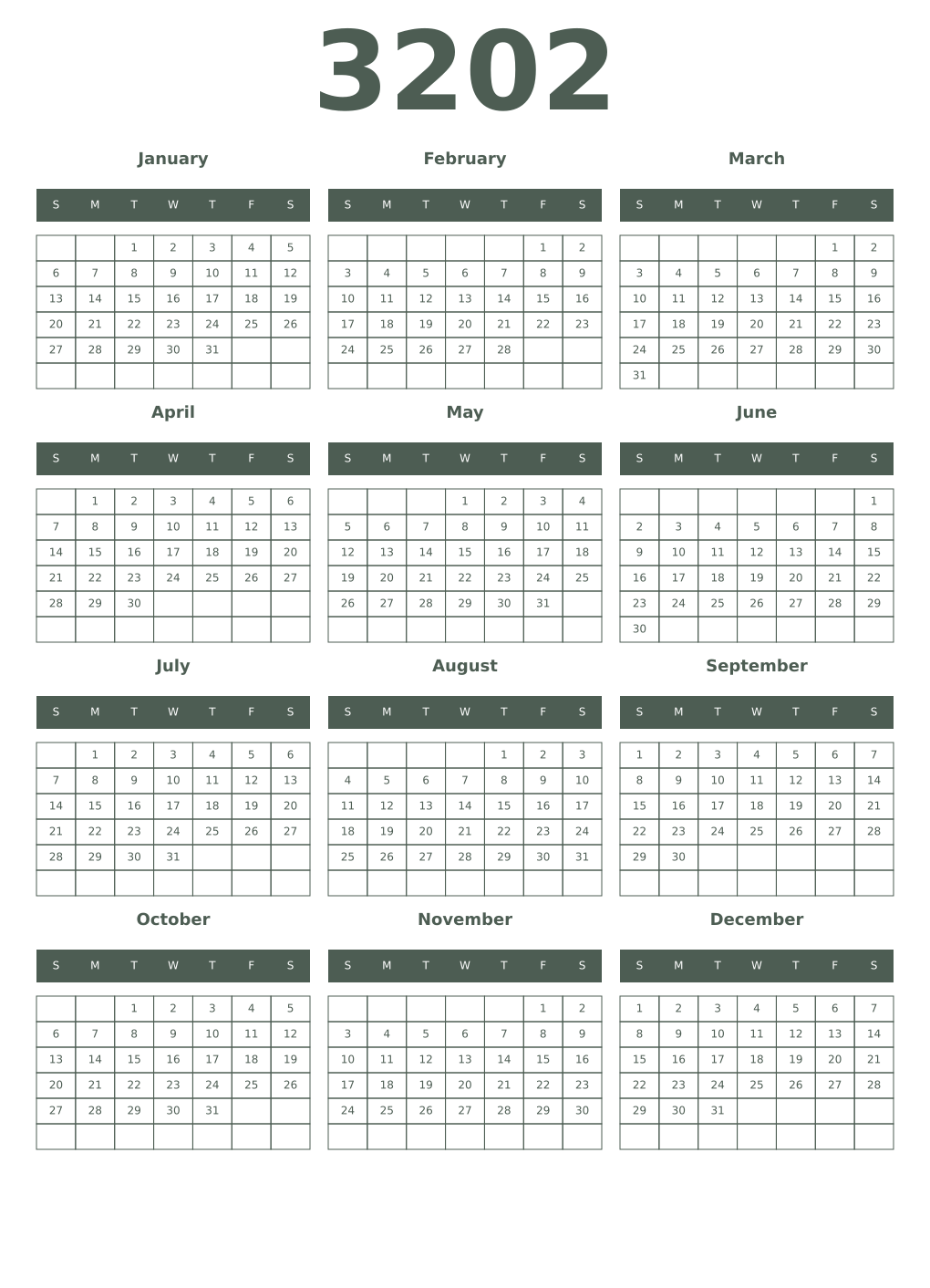Printable 3202 Year Calendars feldgrau