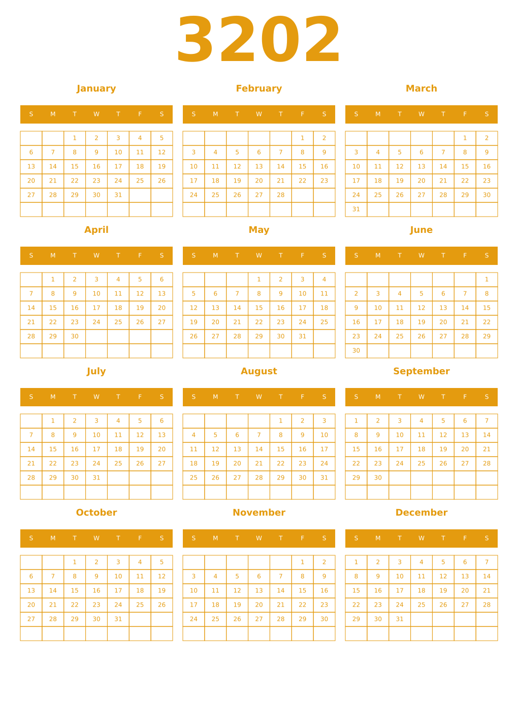 Printable 3202 Year Calendars gamboge