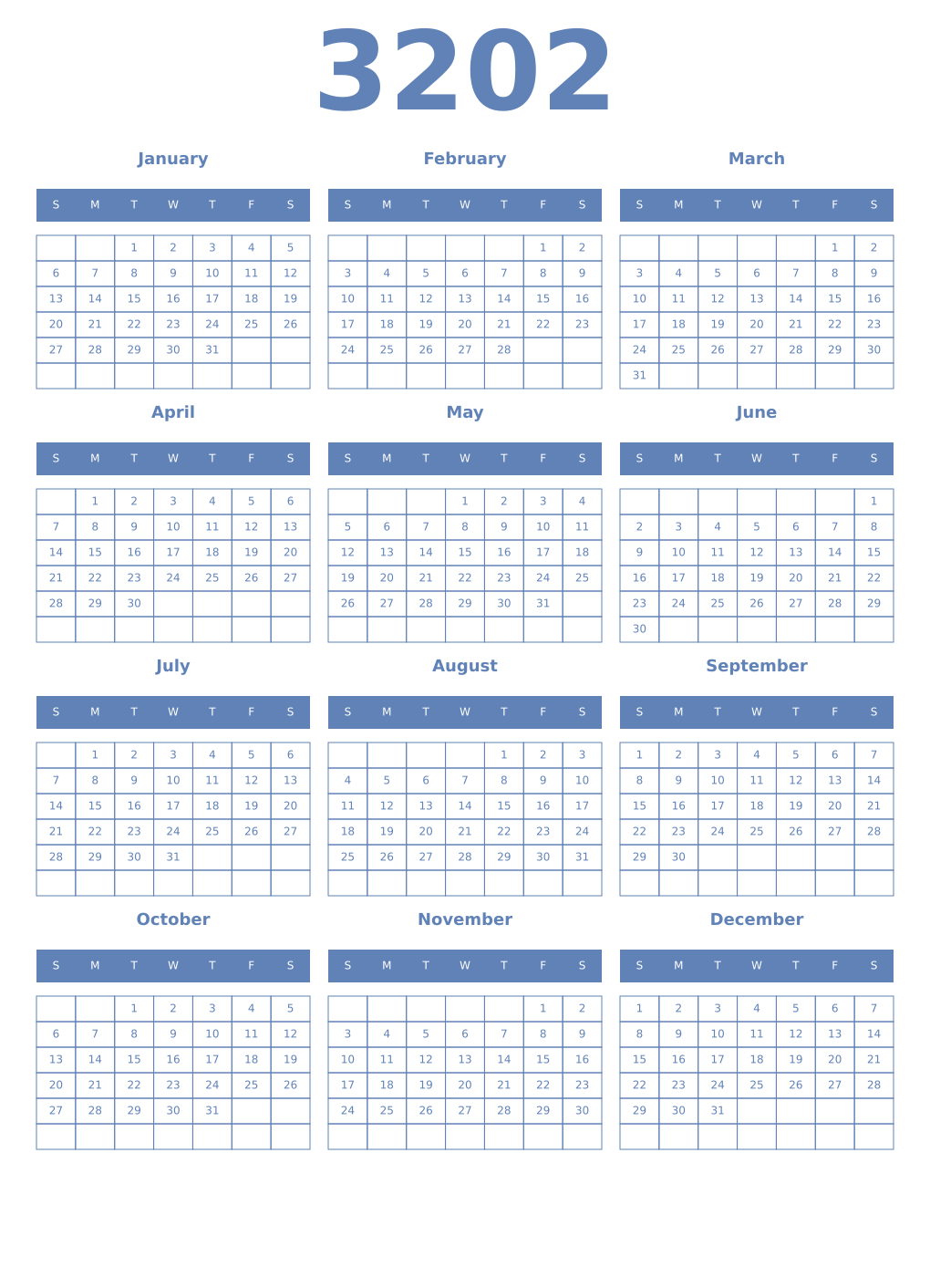 Printable 3202 Year Calendars glaucous