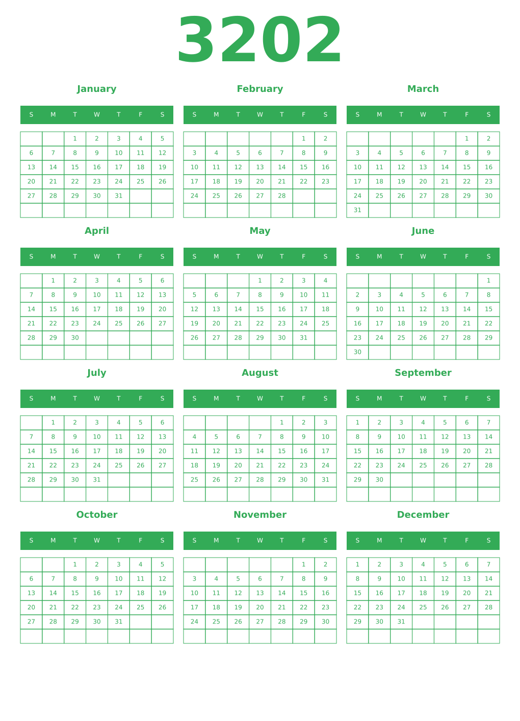 Printable 3202 Year Calendars green