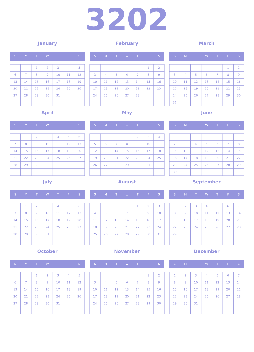 Printable 3202 Year Calendars periwinkle