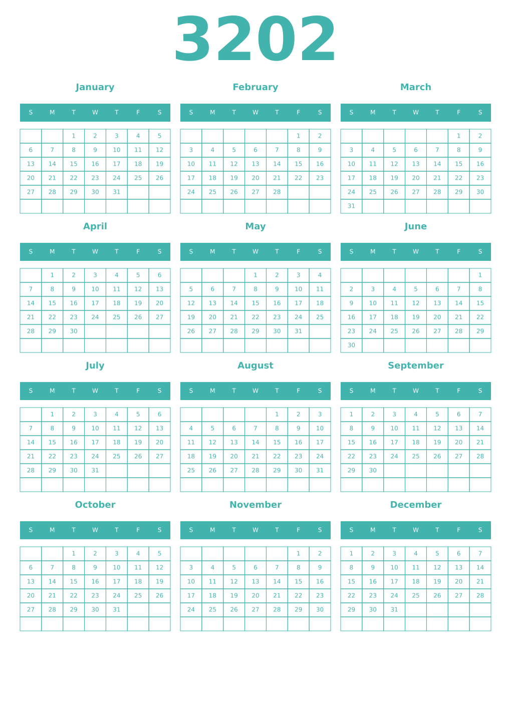 Printable 3202 Year Calendars verdigris