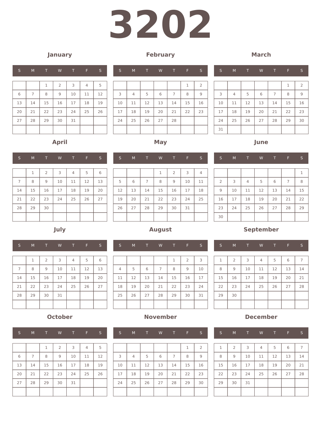 Printable 3202 Year Calendars wenge