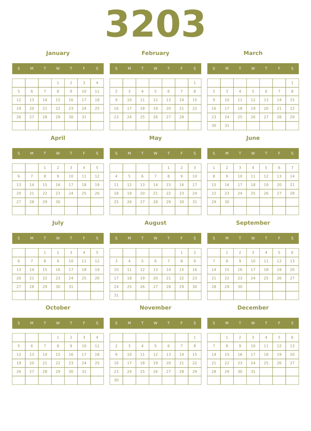 Printable 3203 Year Calendars eburnean
