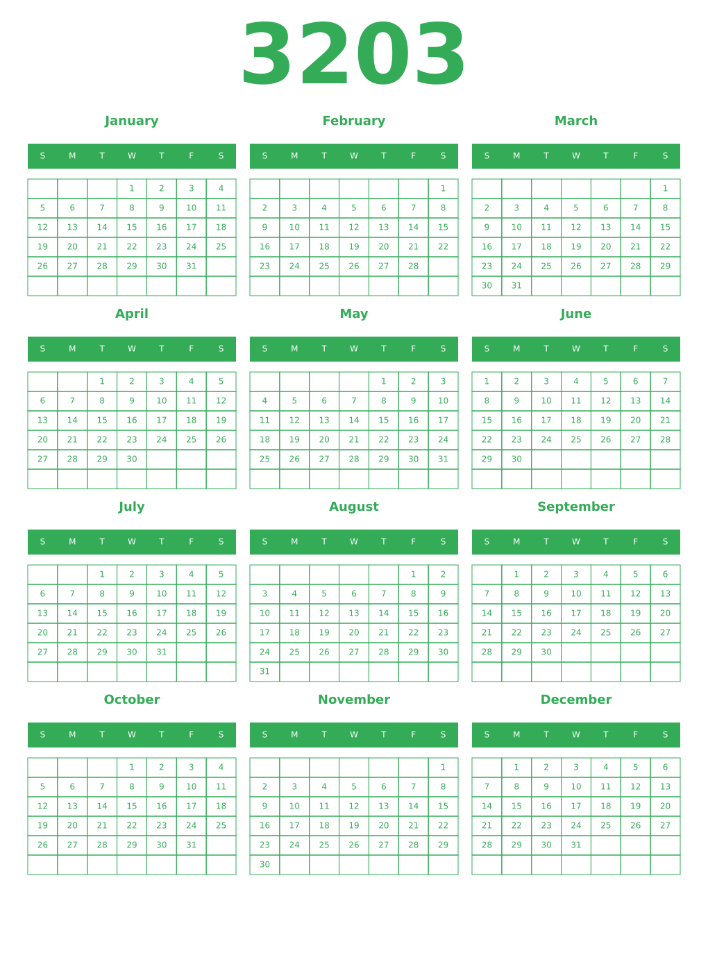 Printable 3203 Year Calendars green