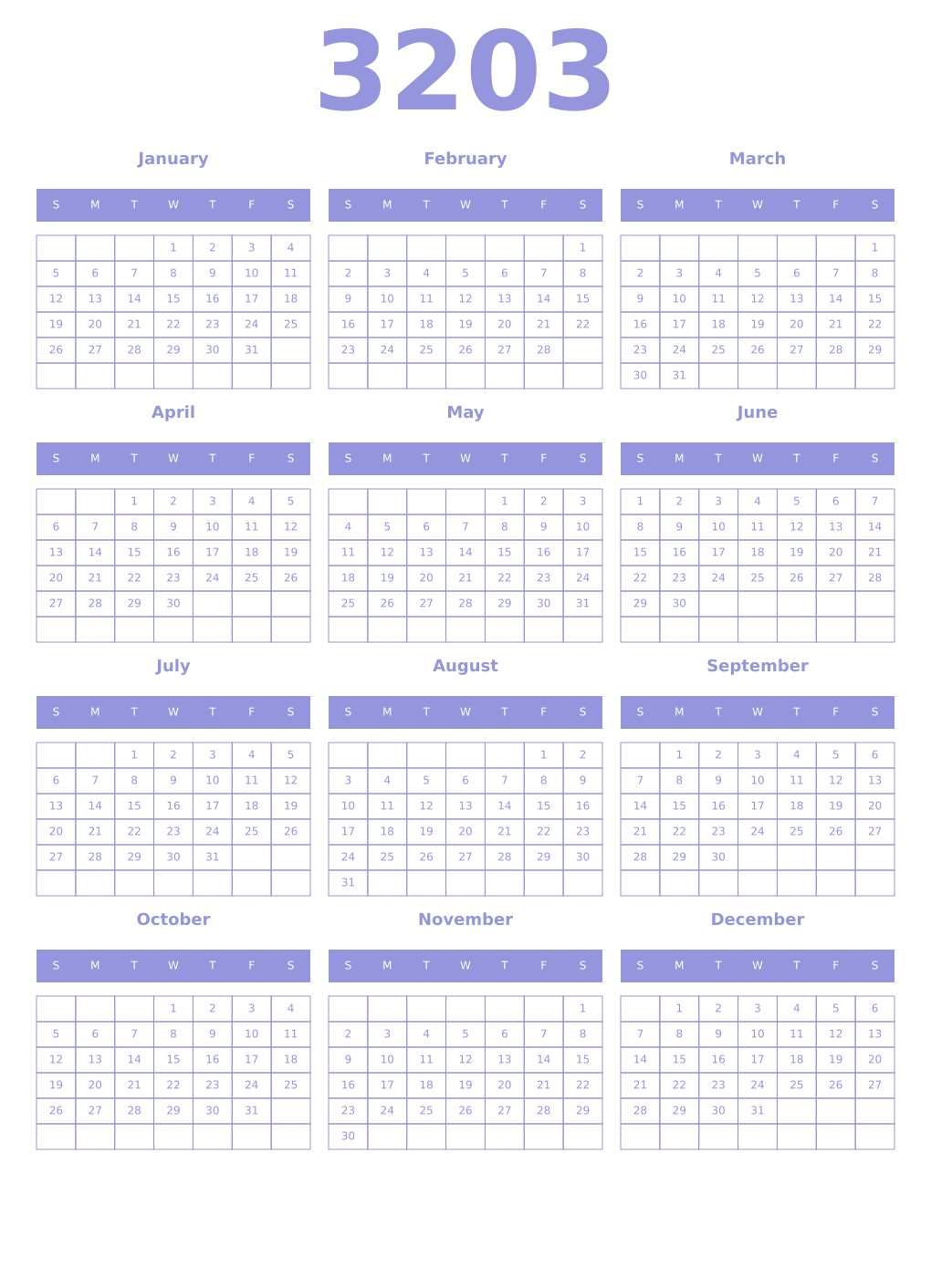 Printable 3203 Year Calendars periwinkle