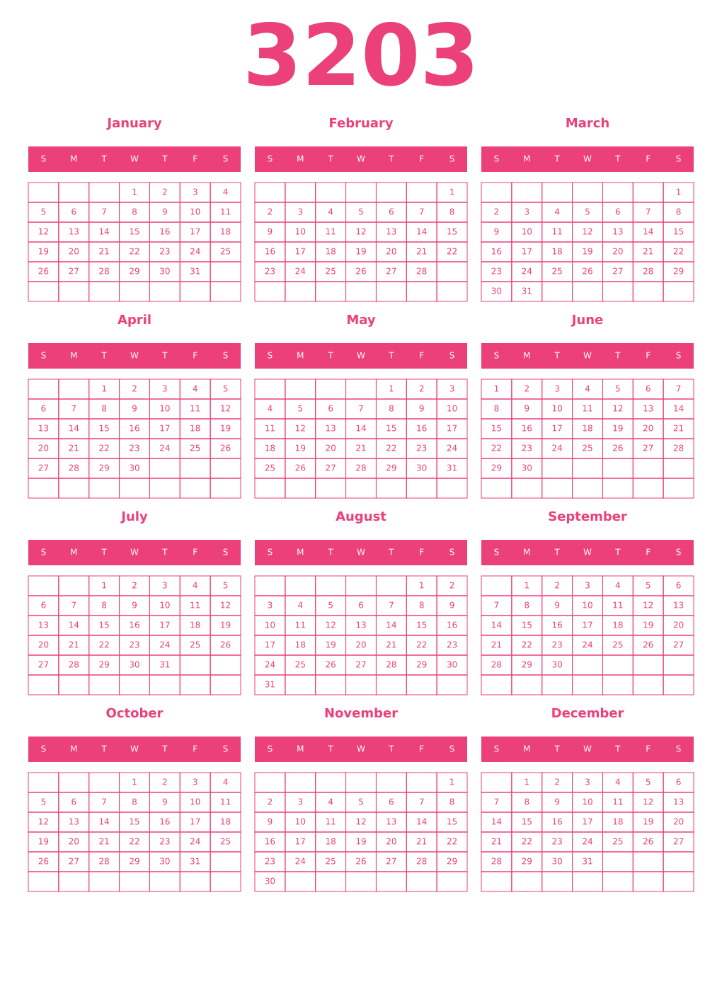 Printable 3203 Year Calendars pink