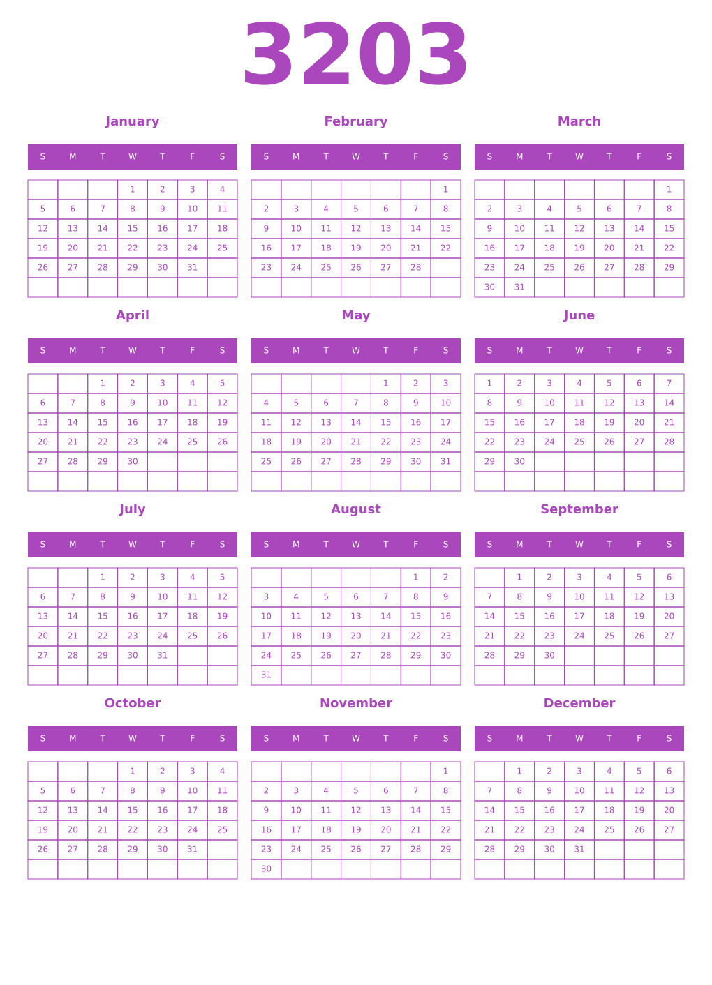 Printable 3203 Year Calendars purple