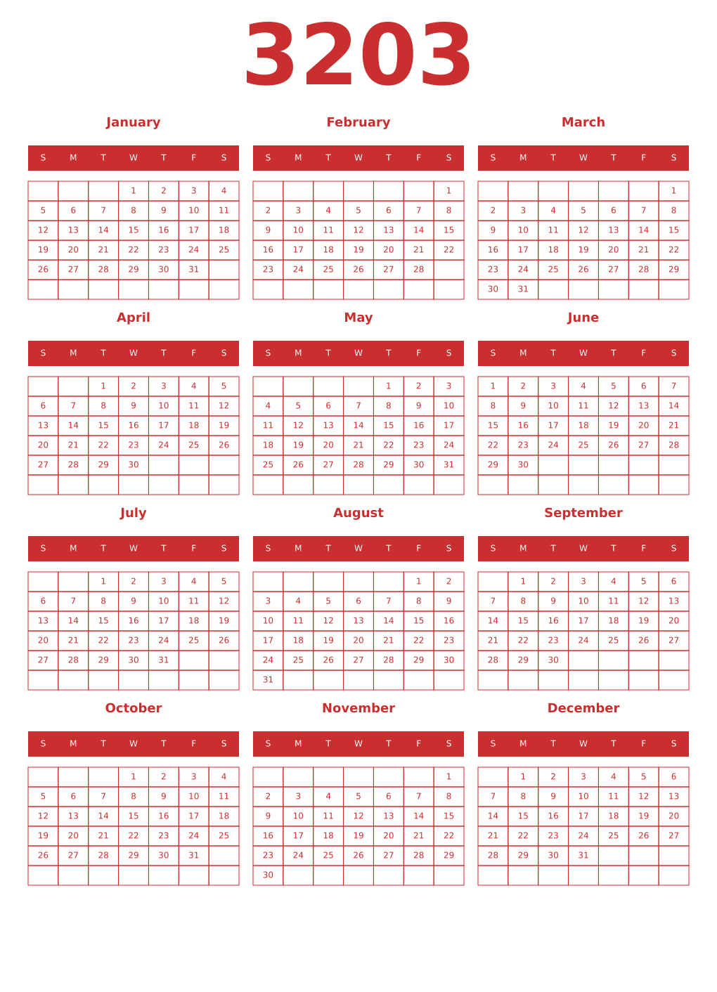 Printable 3203 Year Calendars red