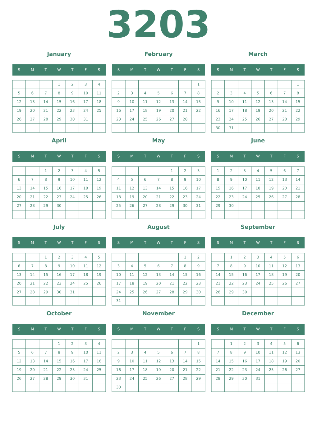 Printable 3203 Year Calendars viridian