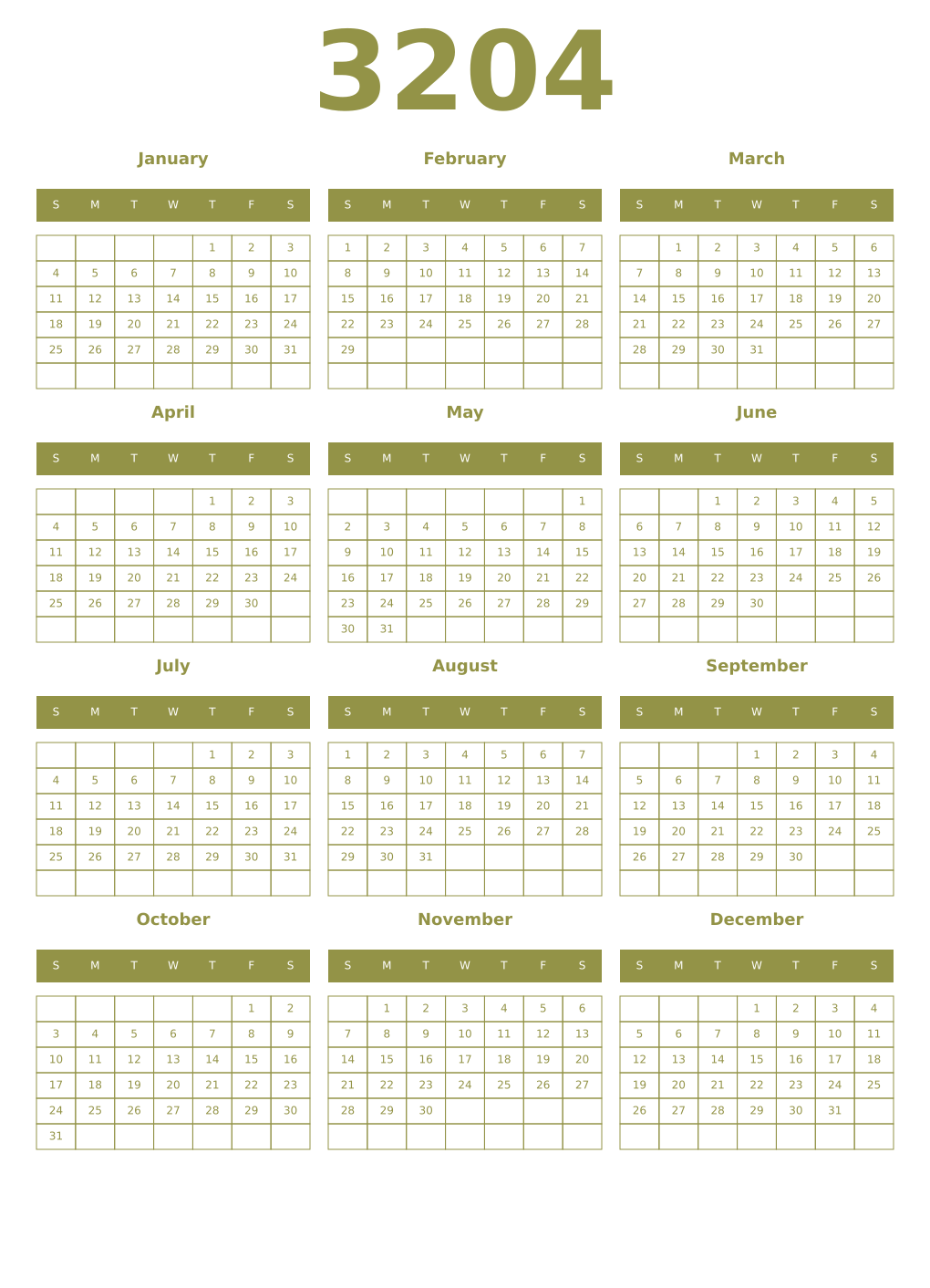Printable 3204 Year Calendars eburnean