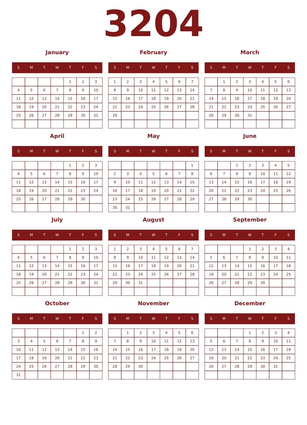 Printable 3204 Year Calendars falu