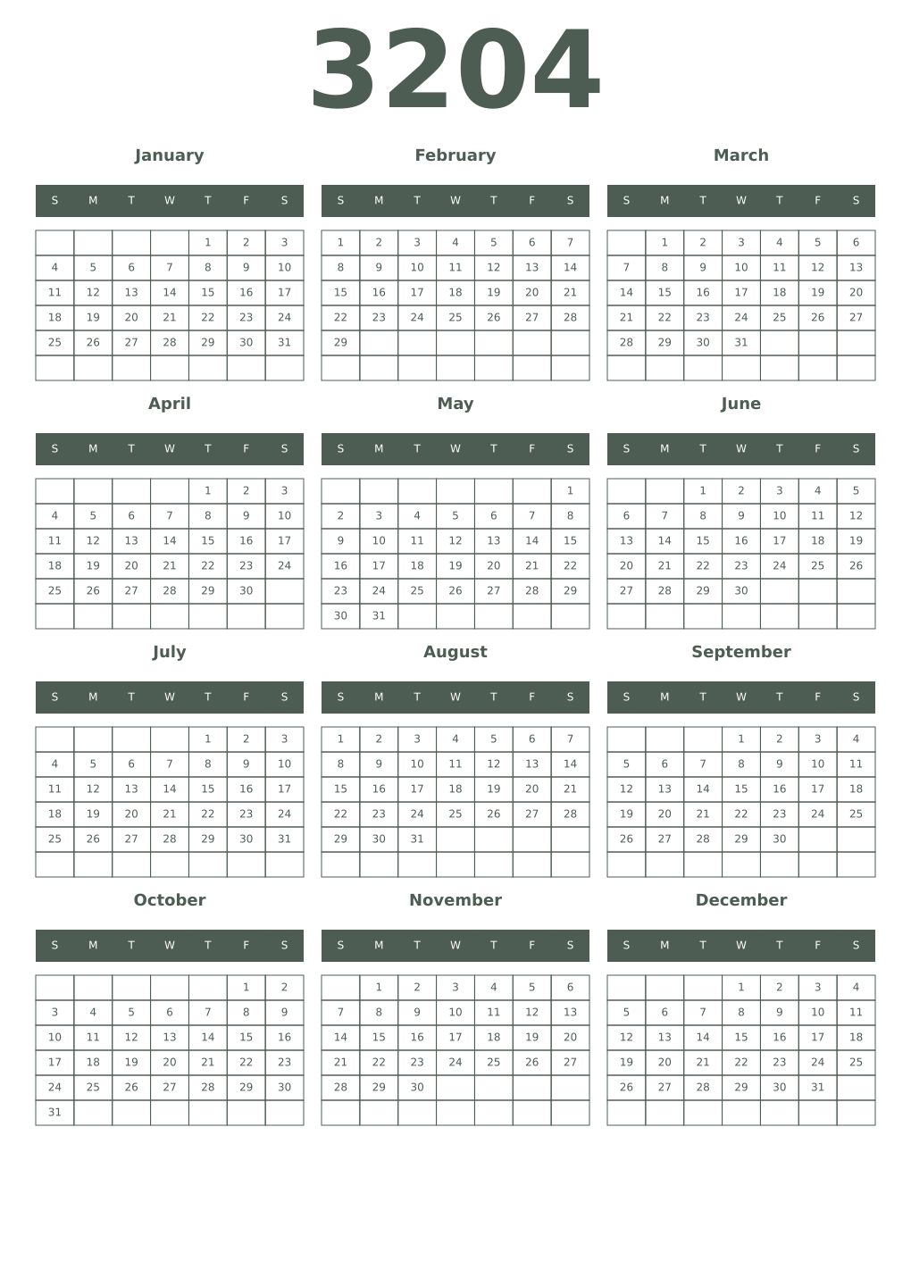 Printable 3204 Year Calendars feldgrau