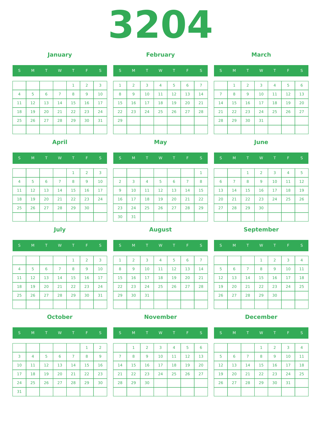 Printable 3204 Year Calendars green