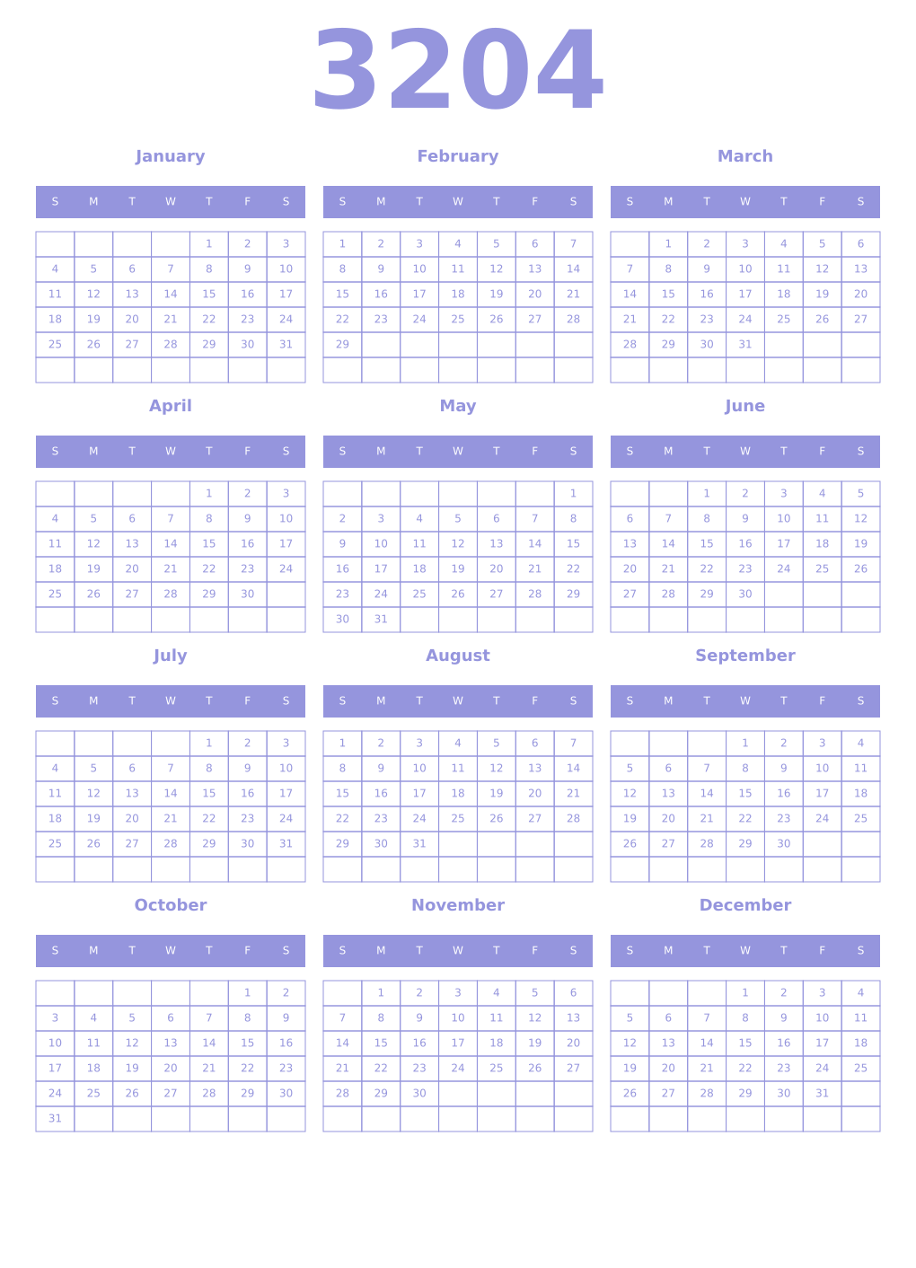 Printable 3204 Year Calendars periwinkle