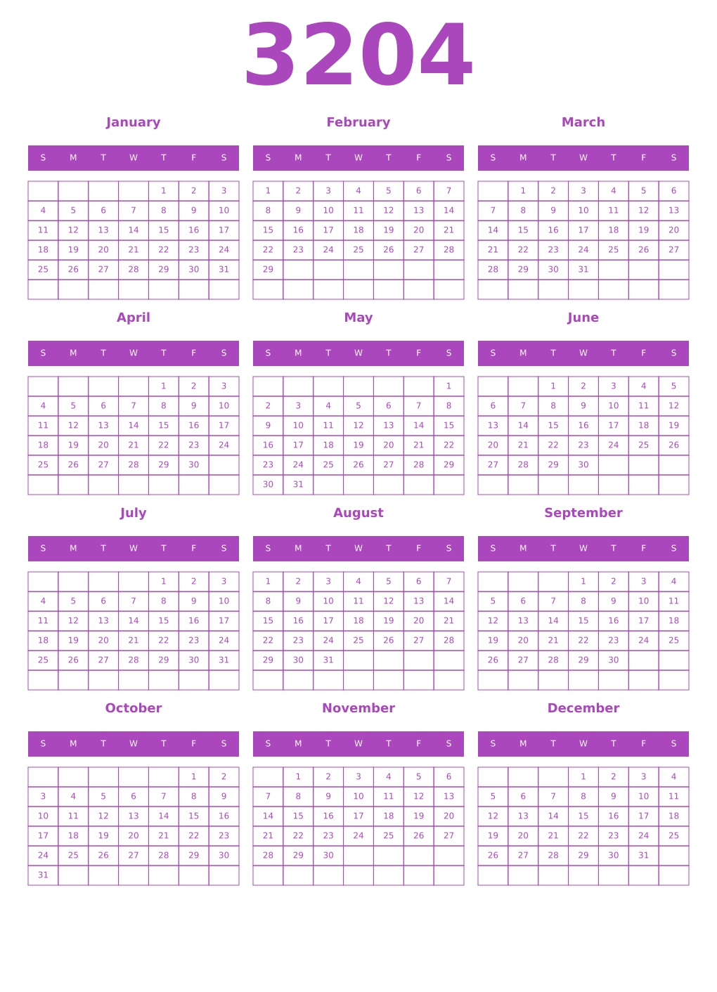 Printable 3204 Year Calendars purple