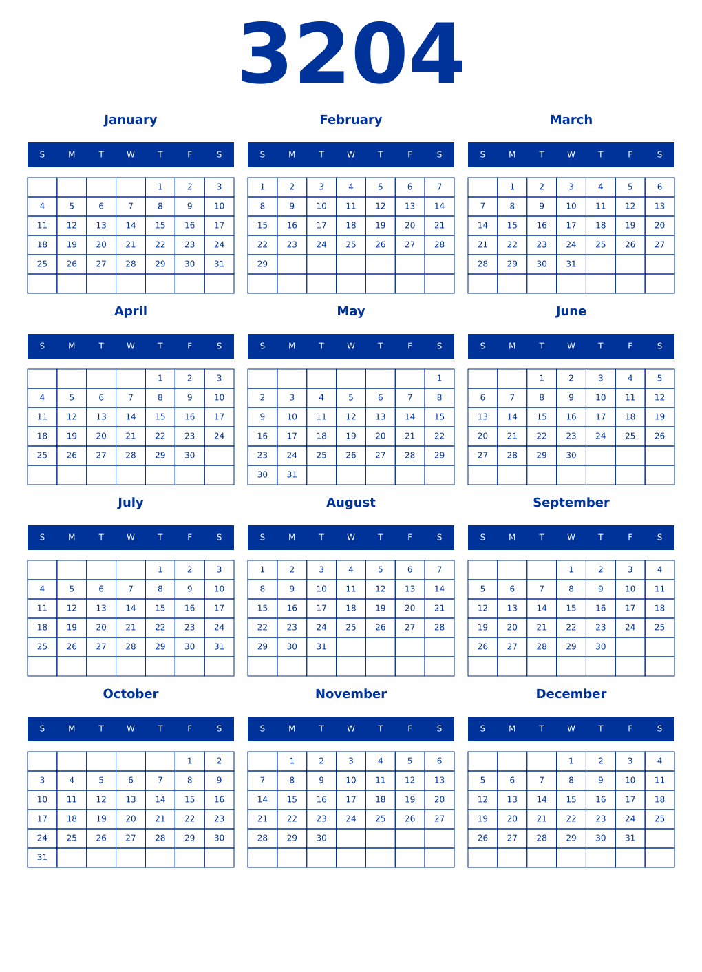 Printable 3204 Year Calendars smalt