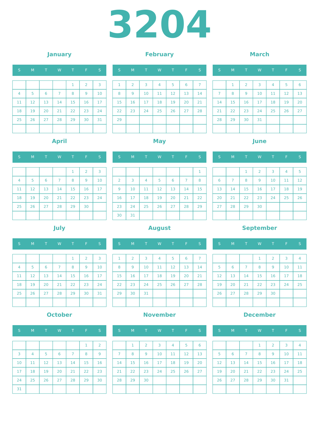 Printable 3204 Year Calendars verdigris