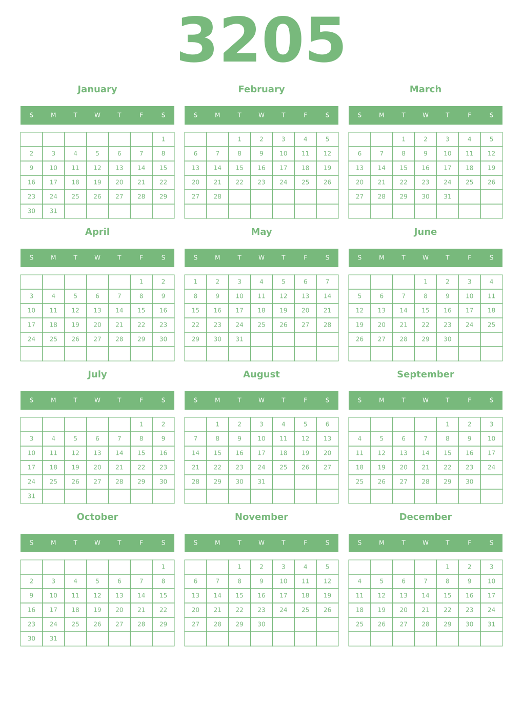 Printable 3205 Year Calendars celadon