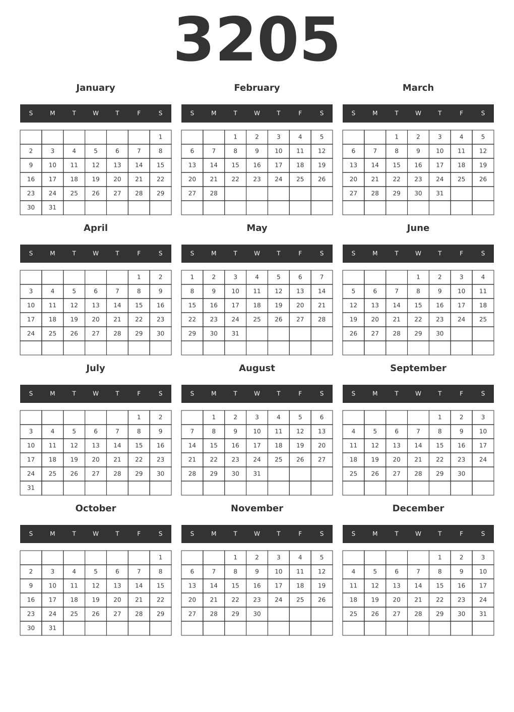 Printable 3205 Year Calendars dark
