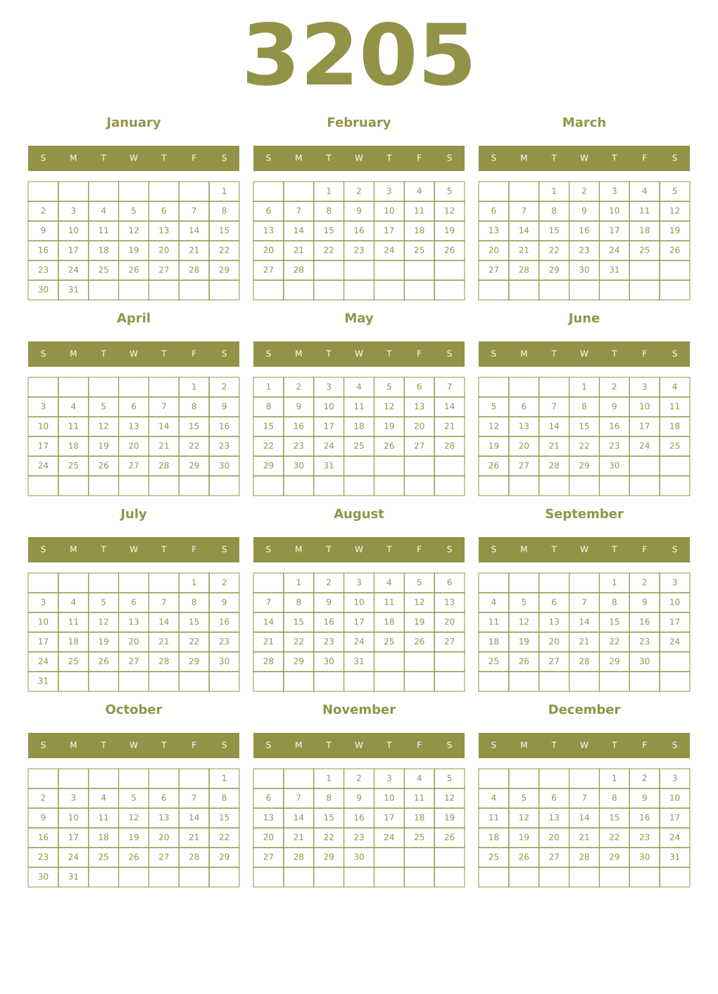 Printable 3205 Year Calendars eburnean